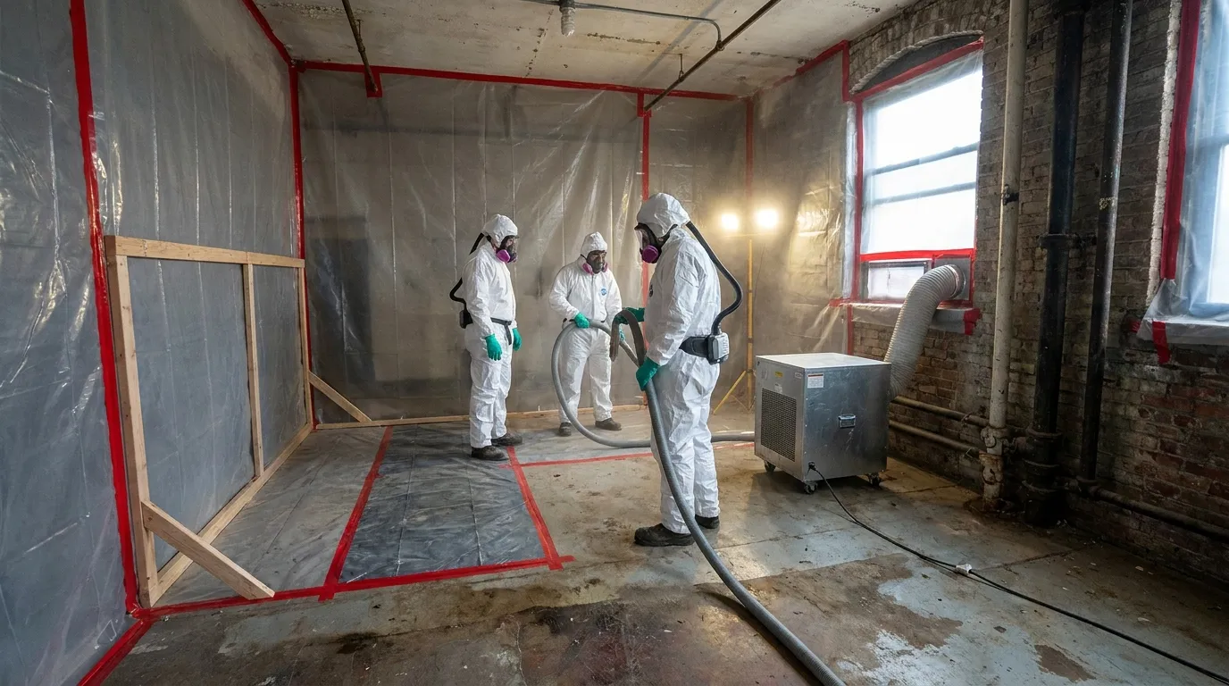 Asbestos abatement technicians in PPE working in a residential containment area