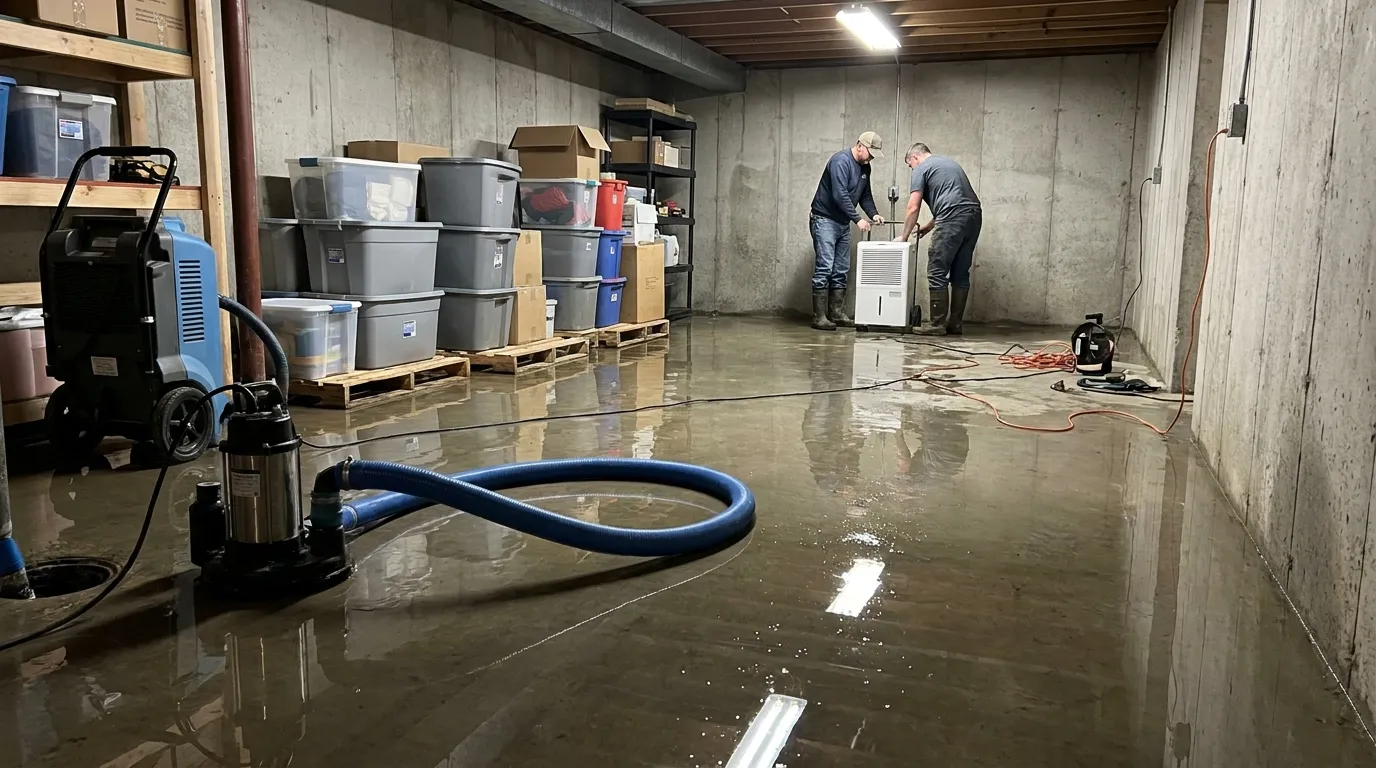Flooded residential basement with standing water and floating storage boxes