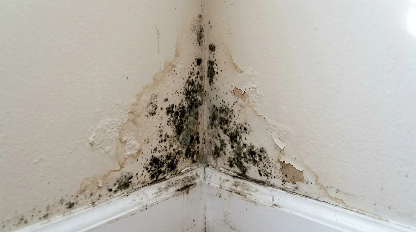 Close-up of black mold growth on interior wall in a residential home
