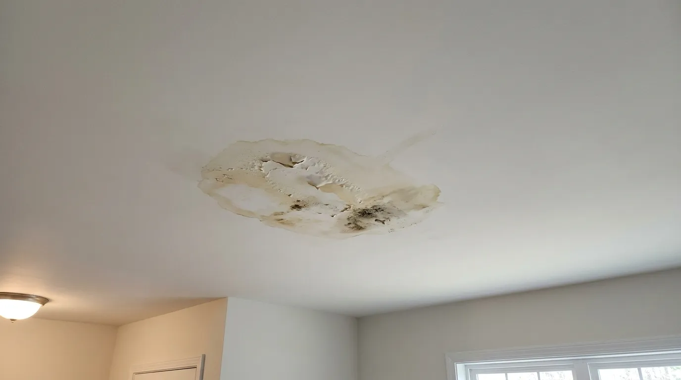 Water stained ceiling with active leak in a residential home