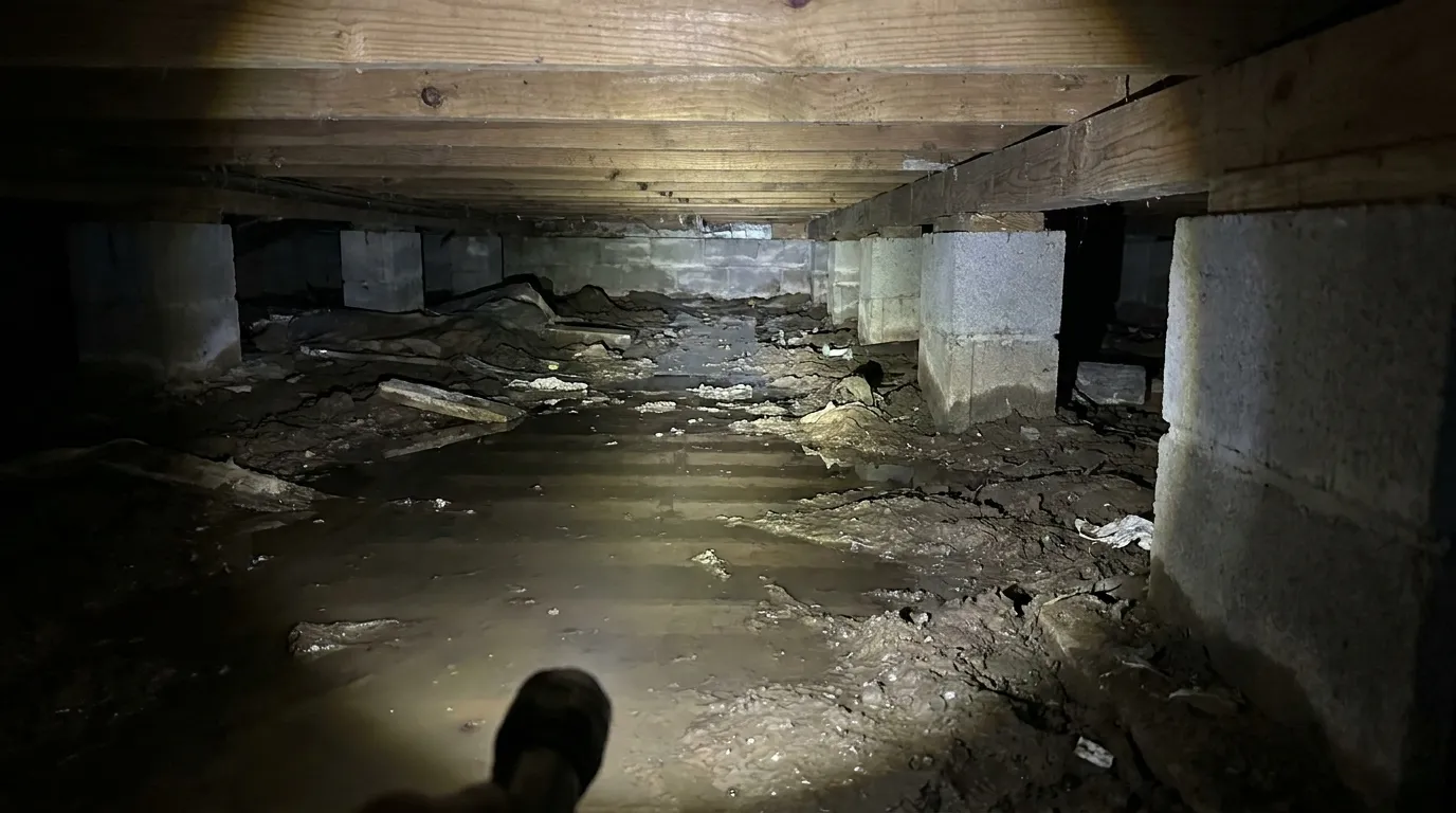 Crawlspace with standing water and damaged vapor barrier