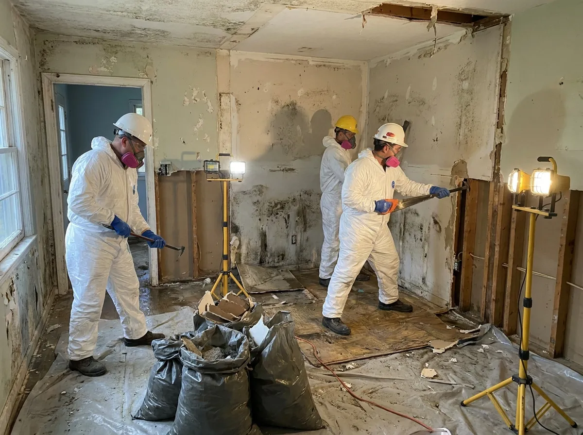 Certified crew performing controlled demolition and abatement inside a home