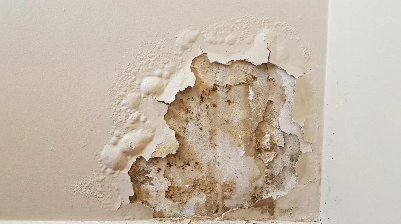 Water damaged drywall with visible staining and bubbling paint