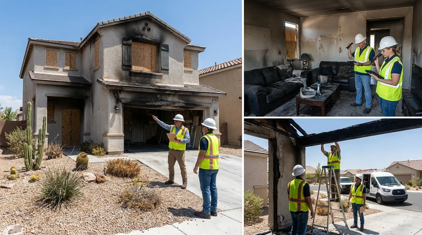 Fire damage restoration in a Las Vegas Nevada home with stucco exterior