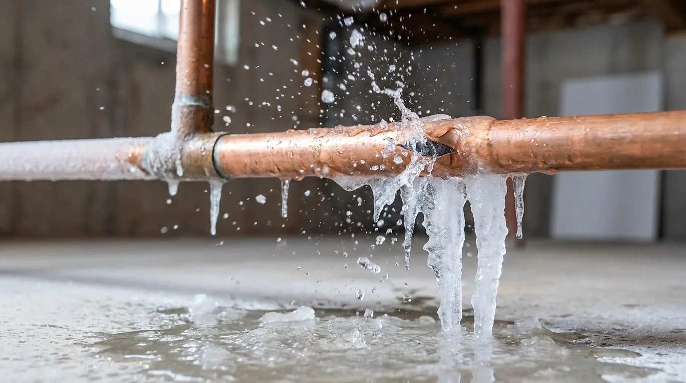 Burst frozen water pipe with ice and water damage in a basement
