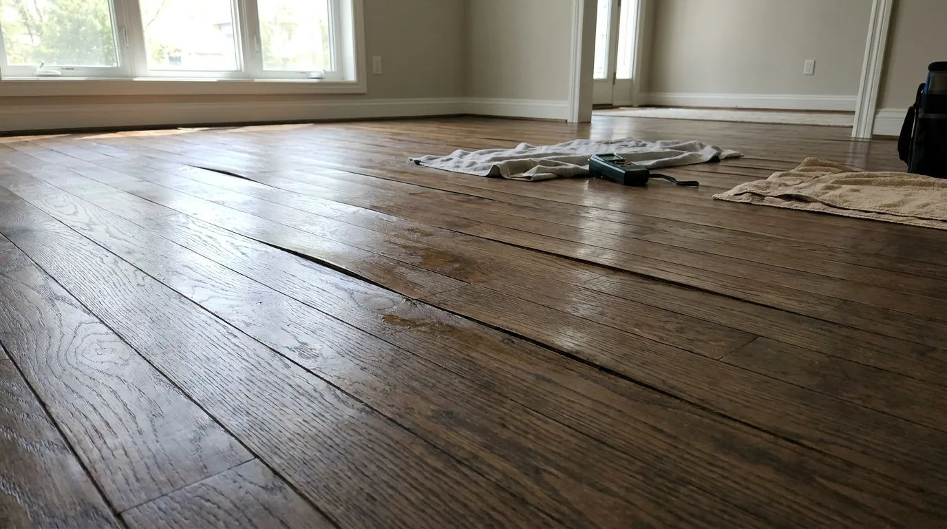 Cupped hardwood floor planks after water damage in a residential home