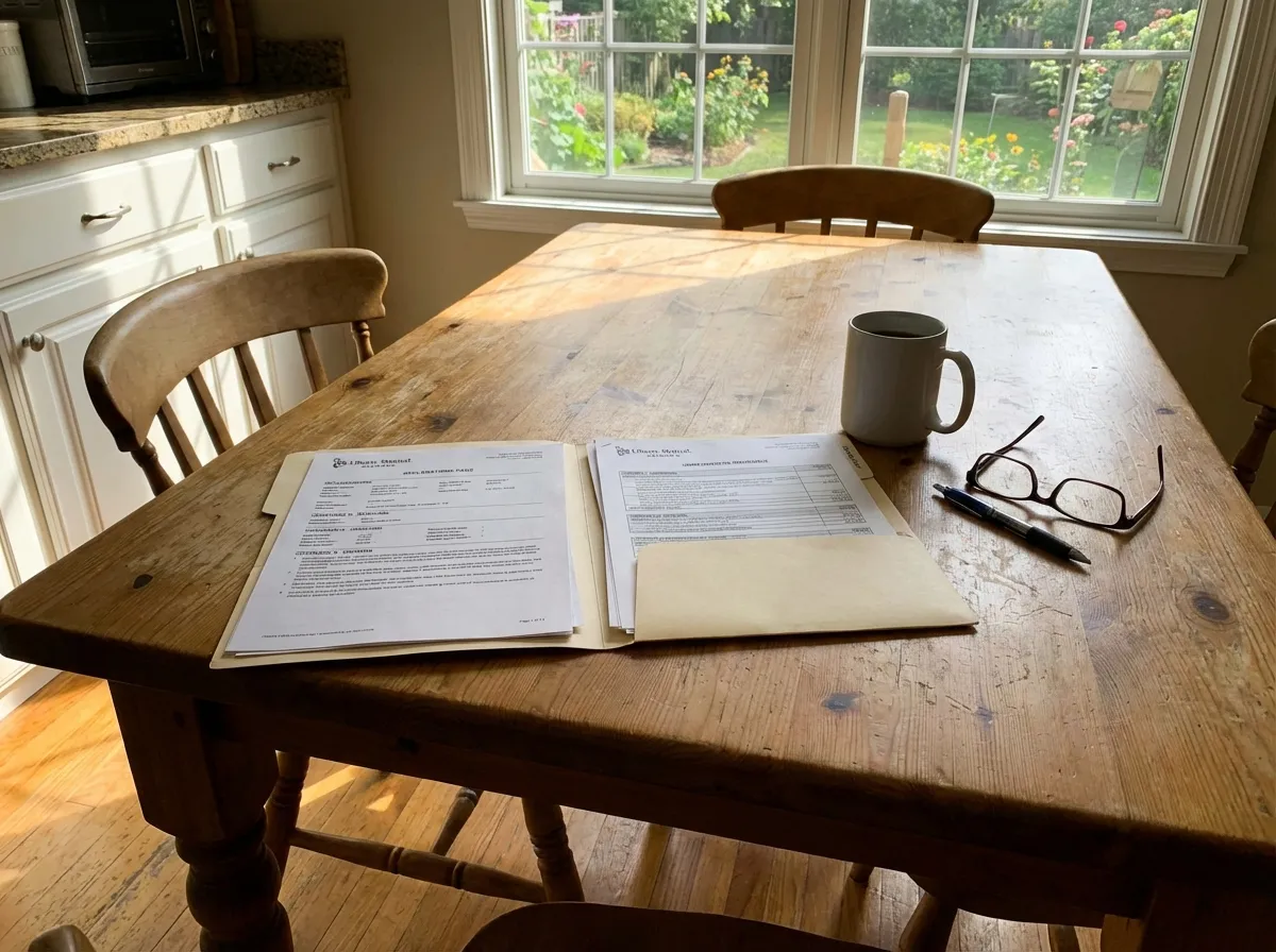 Homeowner reviewing insurance paperwork after water damage in their living room