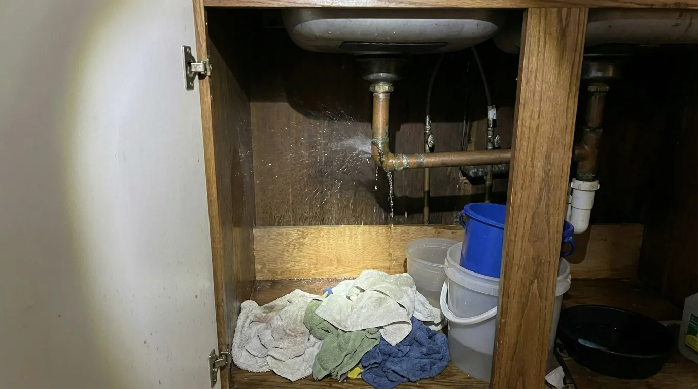 Burst pipe flooding a residential room showing emergency water damage