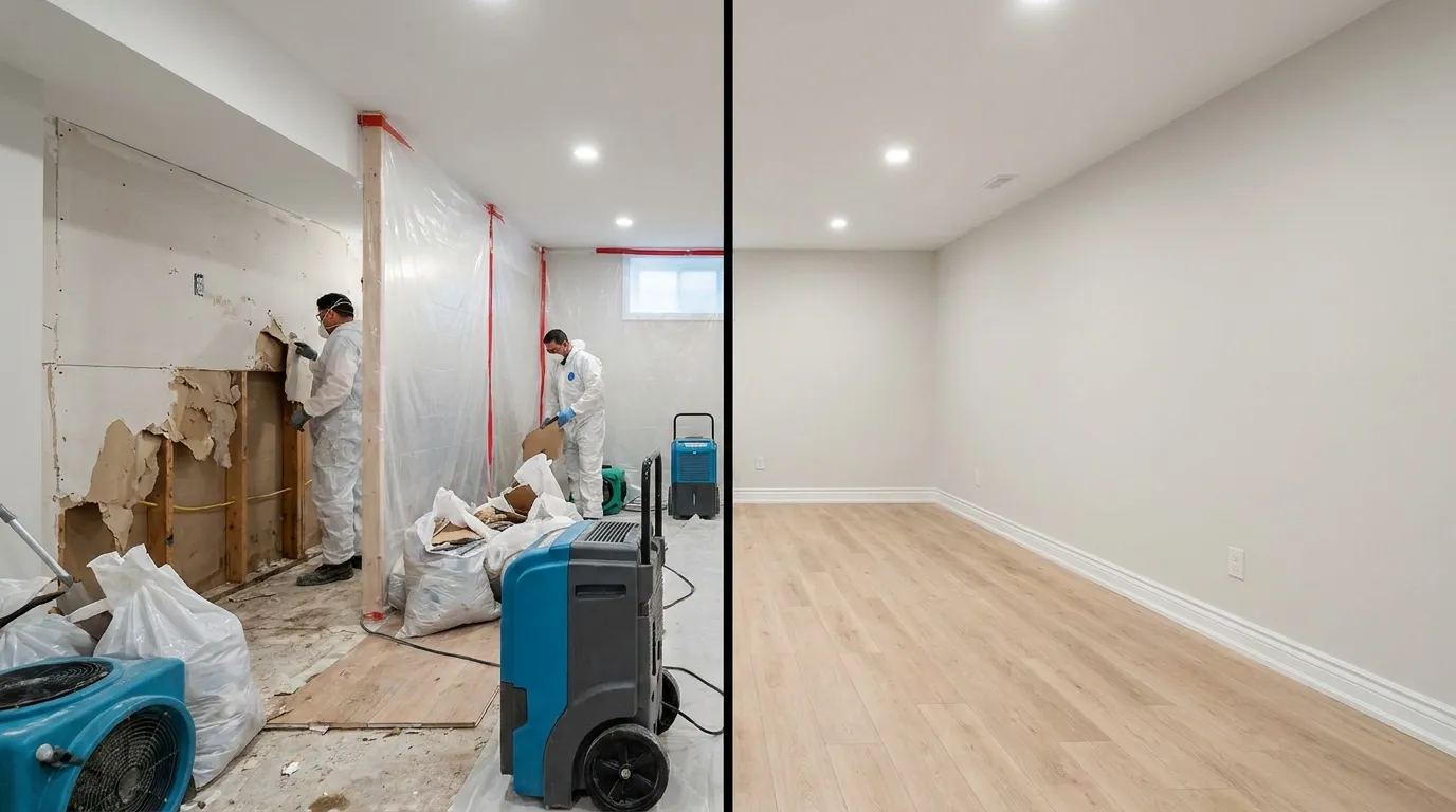 Restoration technician working alongside remediation crew in a residential home