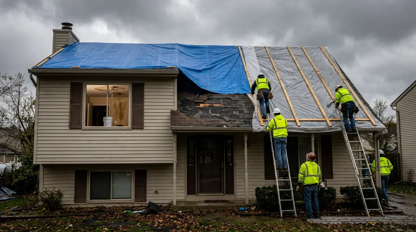 Storm damage with roof intrusion and water in a residential home
