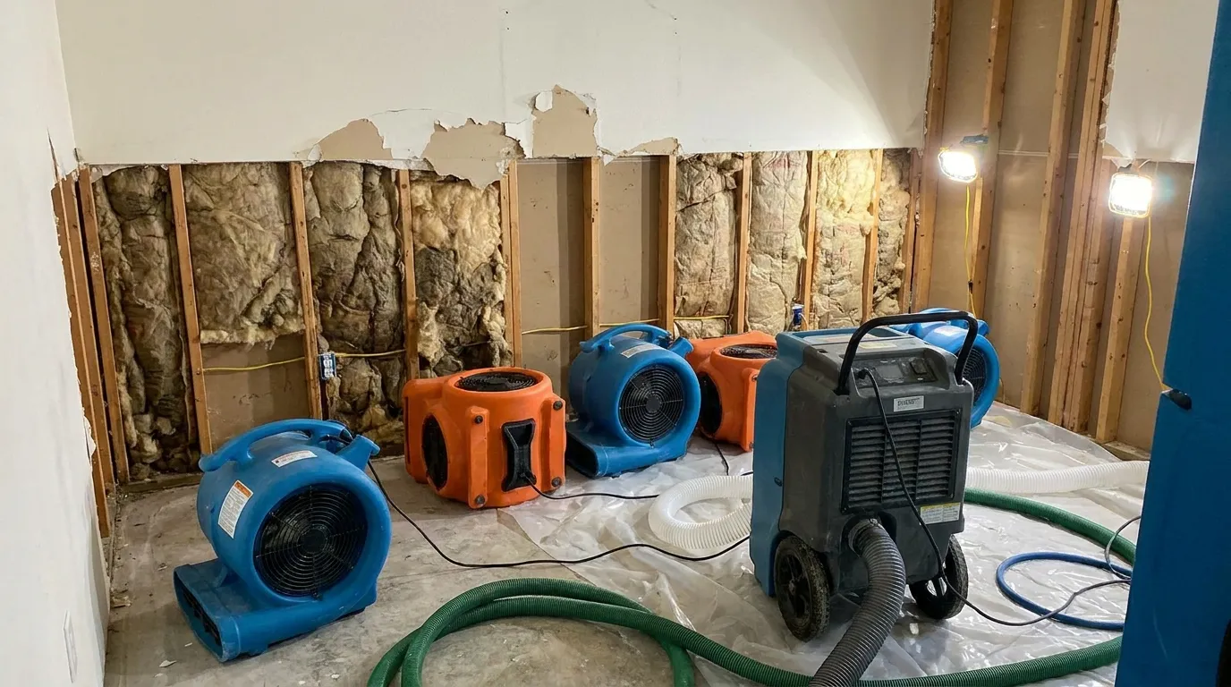 Commercial air movers and dehumidifier drying a water damaged room