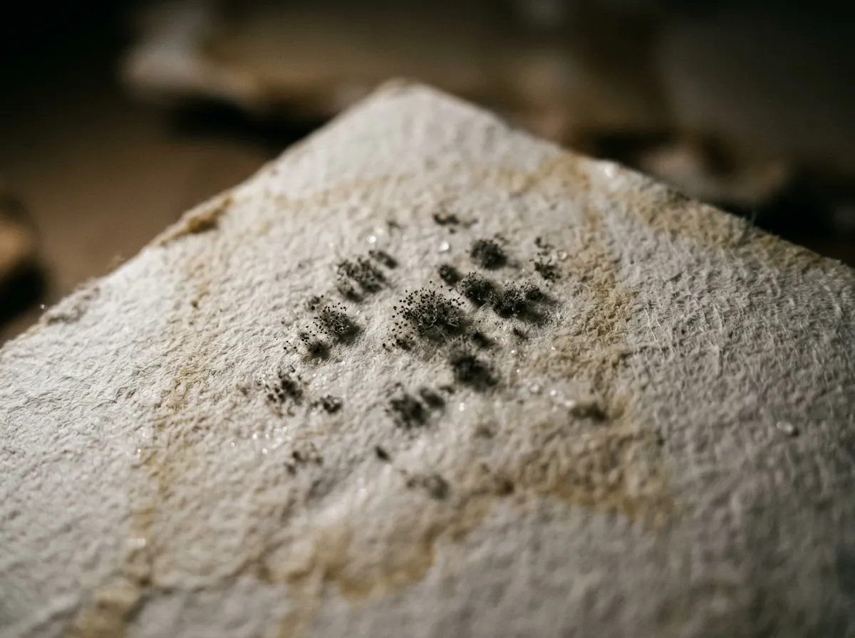 Moisture damaged drywall showing early mold growth after a water loss