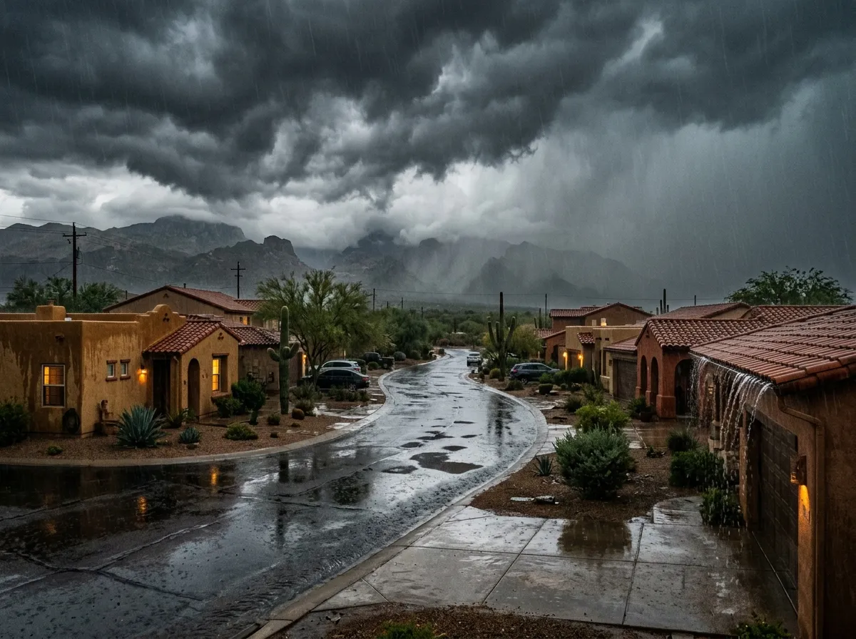 Phoenix neighborhood during monsoon flooding with water damage to a residential home