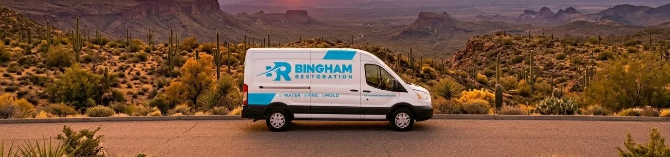 Bingham Restoration service vehicle parked in a neighborhood
